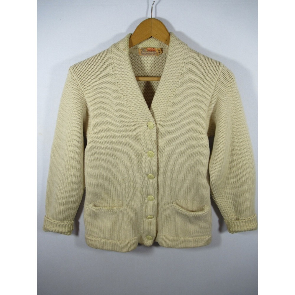 Vintage 40s Wool Shaker Cardigan Letter Sweater Letterman Style Roper Ivory